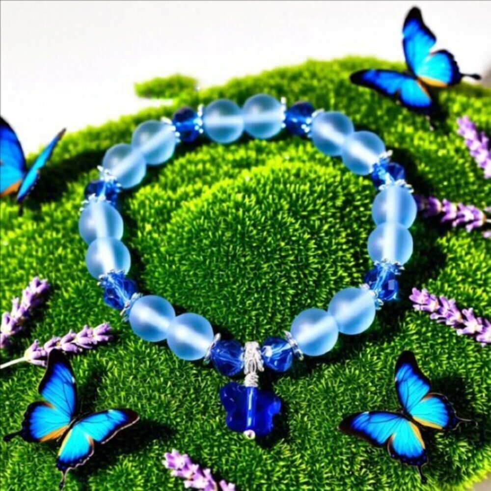 Blue Butterfly - Beaded Stretch Bracelet 4 Girls 5.5-6" Wrists! - Picture 1 of 9